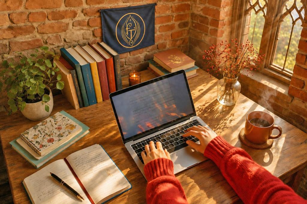Hands typing on a laptop at a sunlit desk beside a window, with a steaming coffee, notebooks and colorful books.
