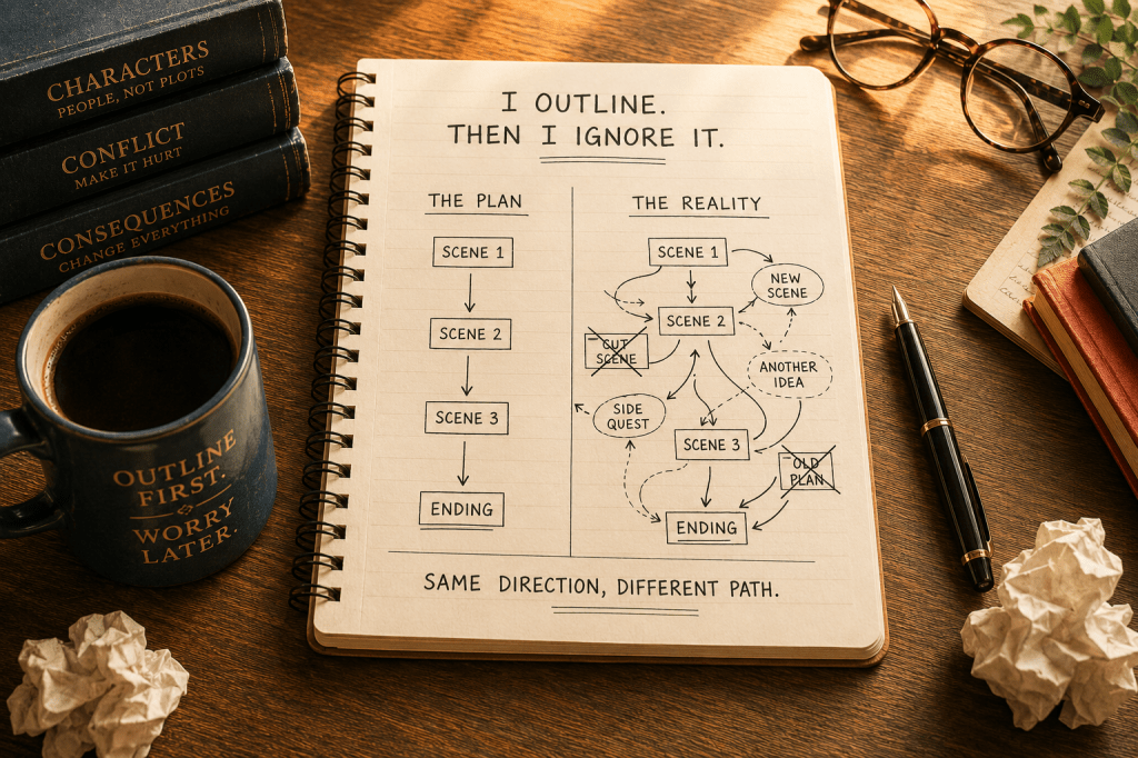 A warm writer’s desk with an open notebook comparing a simple story outline to a messy, revised path that still reaches the same ending.