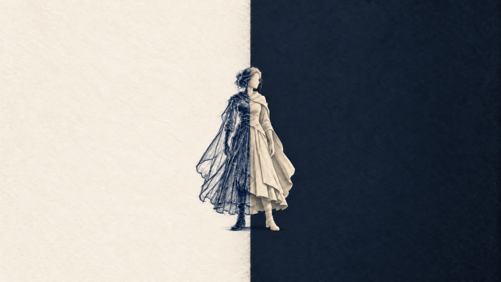 A female fantasy character shown half as a white line drawing and half as a dark silhouette against a deep blue and white background.