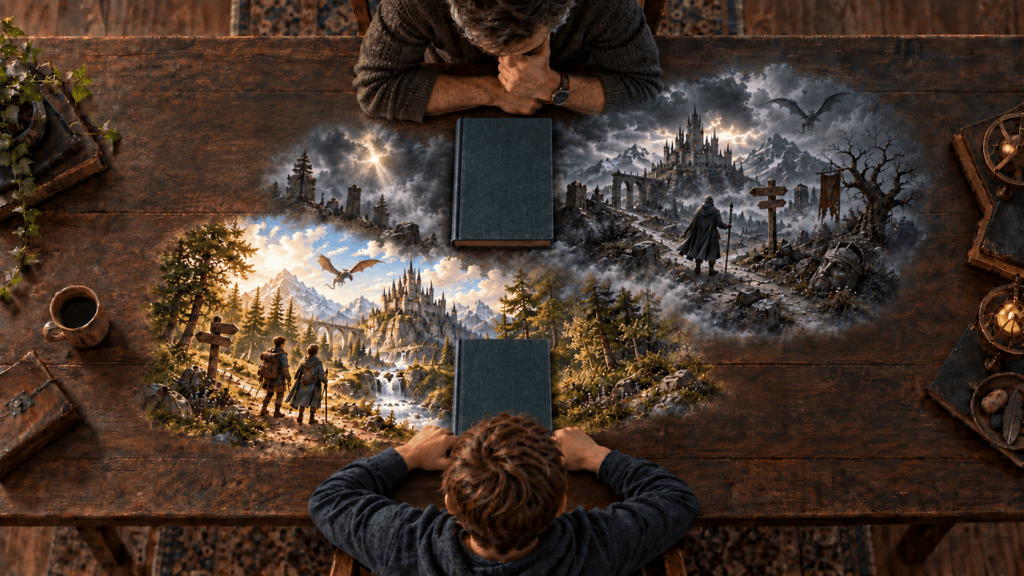 An adult man and a boy imagine different fantasy worlds from two identical books.