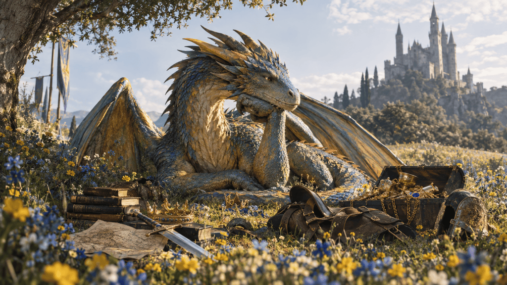 A colorful dragon sits thoughtfully in a flower-filled meadow beside a castle, surrounded by a sword, books, treasure, armor and riding gear.