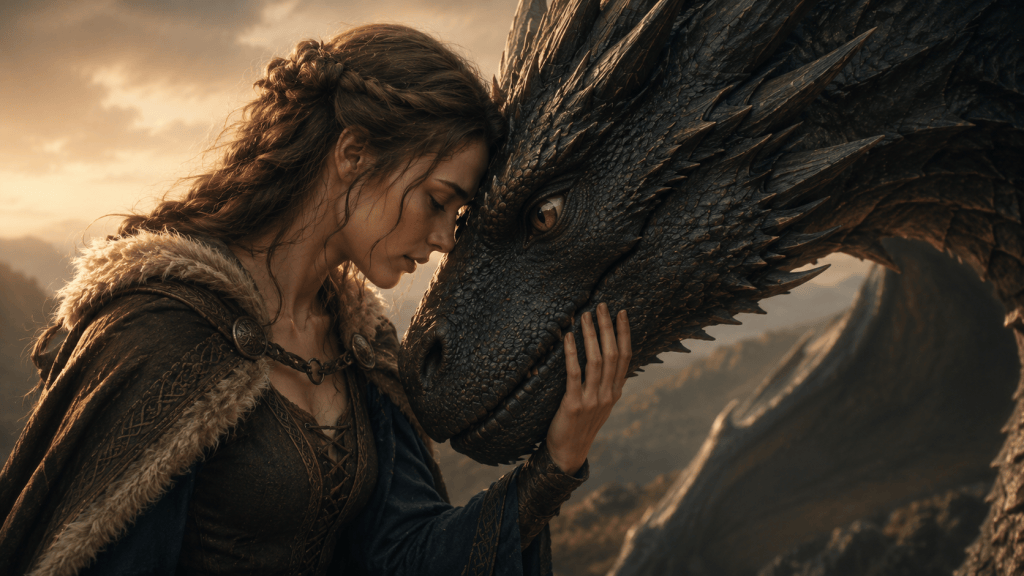 A young woman with long brown braided hair gently rests her hand on the face of a large dark dragon as they look into each other’s eyes.