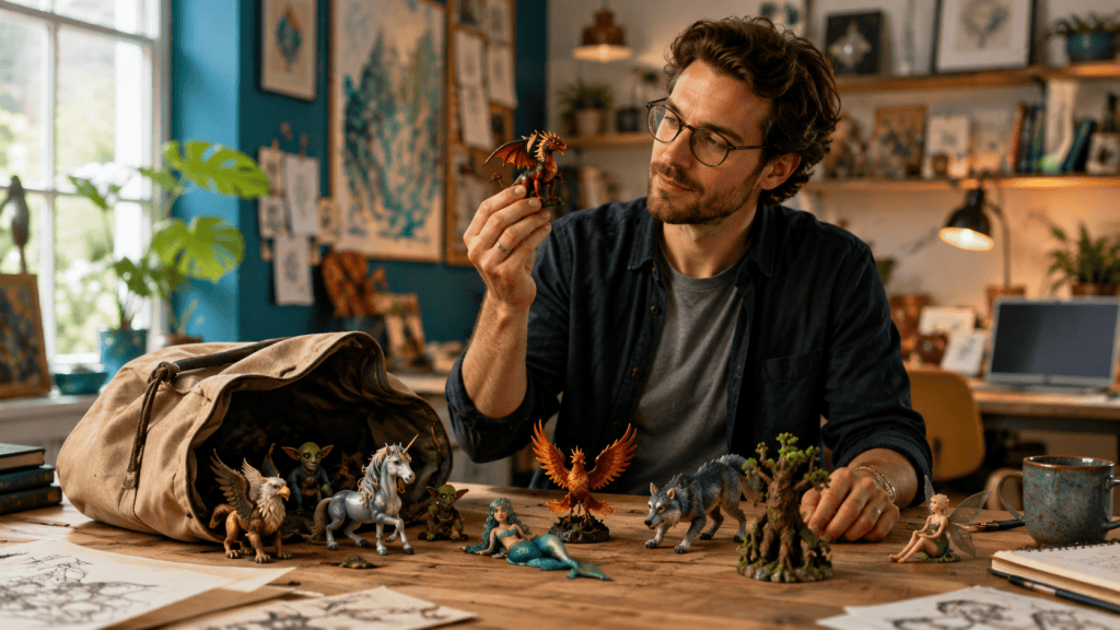 A modern writer sits at a wooden desk, choosing a small red dragon figure from a selection of miniature fantasy creatures spilling from a canvas bag.