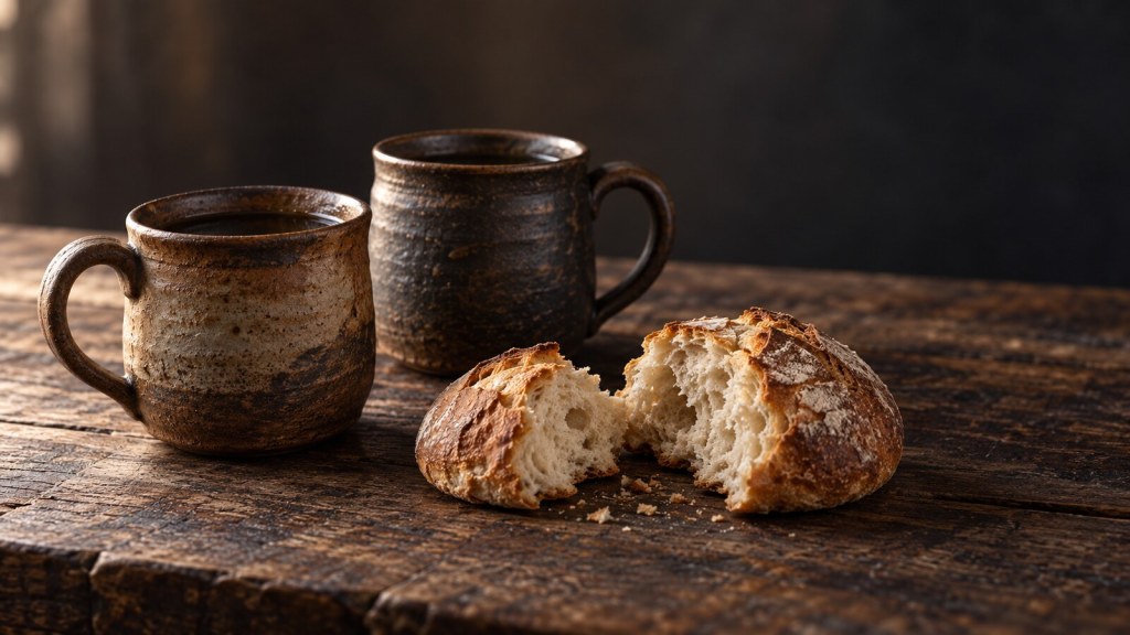 Two rustic ceramic mugs and a loaf of bread broken in two on a worn wooden table.